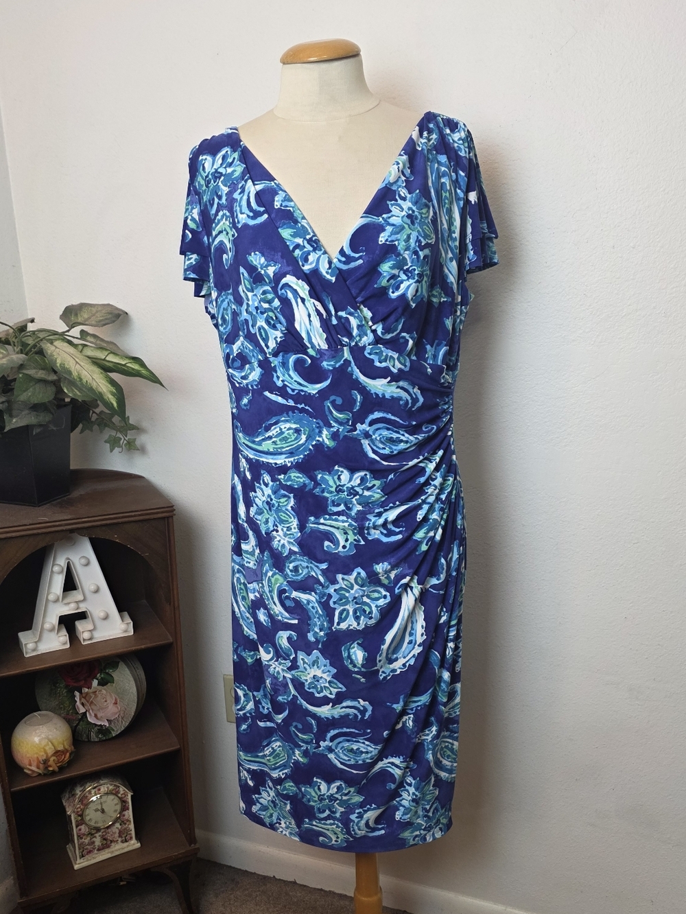 RALPH LAUREN Plus Size 16W Blue Floral Paisley Wrap Dress Stretchy Wedding - Picture 12 of 13